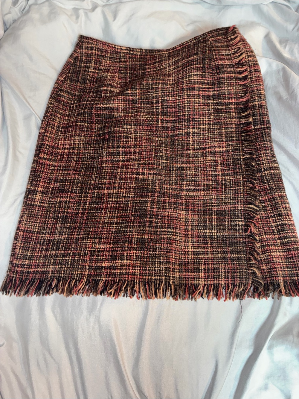 Fringed Tweed Pencil Skirt in Multi-Pink